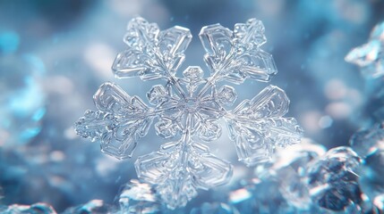 A stunning close-up of an intricate snowflake glistening over icy crystals, showcasing winter's delicate beauty and charm.