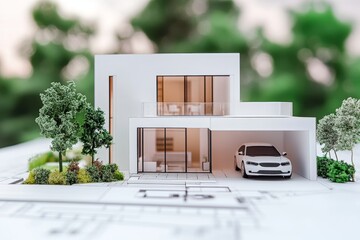 Aufkleber - A small scale model of a modern house with a garage and landscaping, sitting on top of an architectural blueprint.