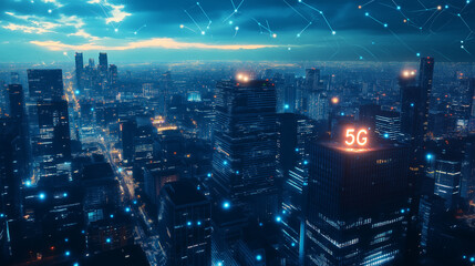 Aufkleber - 5g network connecting modern buildings in a smart city at night