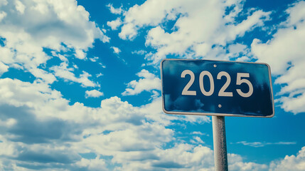 Poster - Blue road sign displaying the year 2025 under cloudy sky