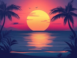 Wall Mural - sunset over the sea flat design front view evening beach cartoon drawing splitcomplementary color sc