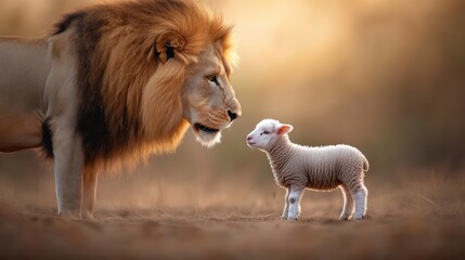 A lion and a lamb face each other in a serene natural setting.