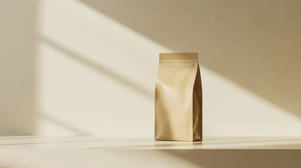 Poster - Blank kraft paper doypack pouch packaging mockup standing on a white table with window shadow