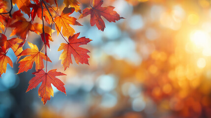 Aufkleber - Golden hour sunlight shining through vibrant red maple leaves in autumn