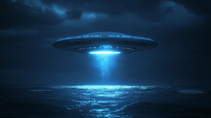 Aufkleber - Unidentified flying object hovering over ocean at night emitting light beam