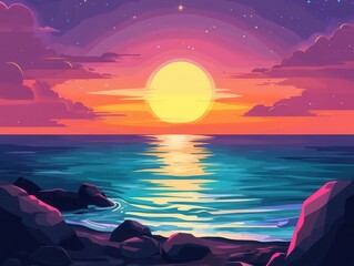 Wall Mural - sunset over the sea flat design front view evening beach cartoon drawing splitcomplementary color sc