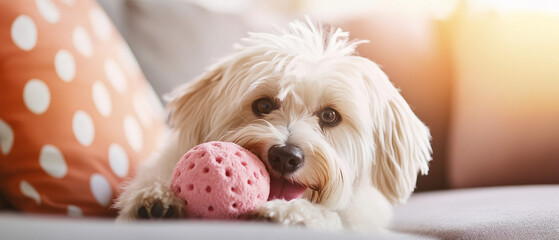 Sticker - Tibetan Terrier Dog Playing With A Chew Toy In A Cozy Living Room Setting