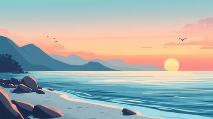 Wall Mural - calm shoreline flat design side view morning theme cartoon drawing triadic color scheme
