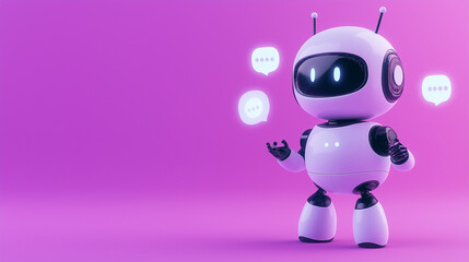 Poster - White chatbot robot is showing chat bubbles on pink background