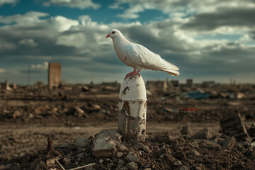 Wall Mural - White dove of peace perched on a worn soldier’s helmet or missile, surrounded by fresh green sprouts breaking through the earth, symbolizing peace and hope in the context of war and destruction.