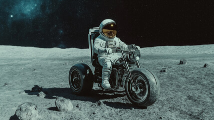 Poster - Astronaut riding custom motorcycle on the moon surface exploring the galaxy