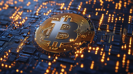 Aufkleber - bitcoin cryptocurrency symbol shining on motherboard with lights