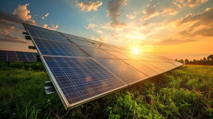 Solar Panel Cells on grass outdoor nature sunset for Alternative energy source AI generated image