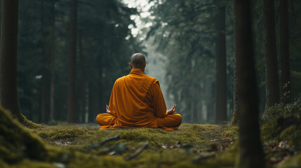 Wall Mural - Buddhist monk in orange robe meditating in forest