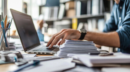 Aufkleber - Businessman working on laptop with stack of papers on desk