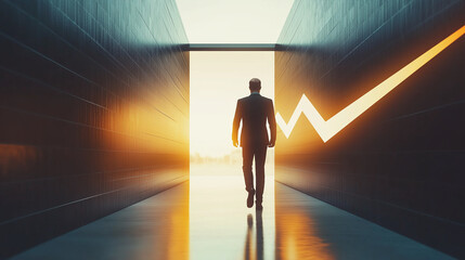 Poster - Businessman walking towards growing arrow graph success concept
