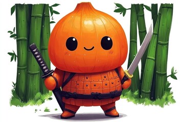 Poster - Cute Pumpkin Samurai Warrior with Sword in Bamboo Forest