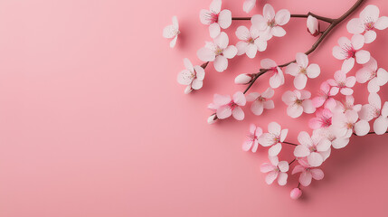 Poster - Branch with pink cherry blossoms is lying on a pink background