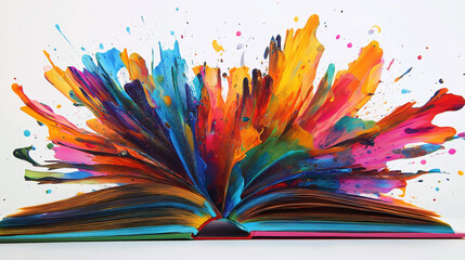 Poster - Open book exploding with colorful paint splashing on white background