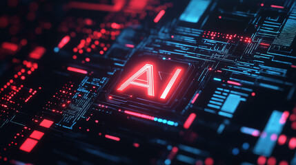 Poster - Artificial intelligence cpu is glowing red on motherboard