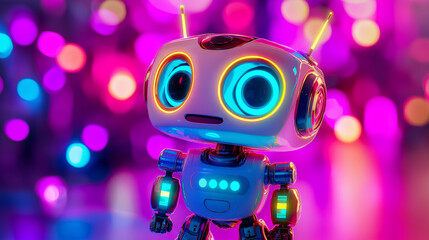 Poster - Cute toy robot standing with neon lights background