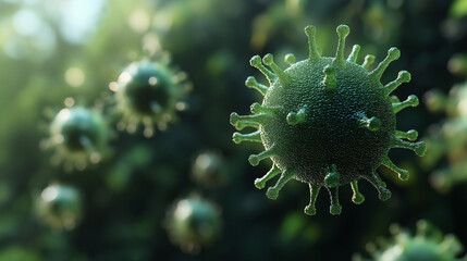 Aufkleber - Microscopic view of coronavirus cells floating with a green background