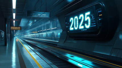 Aufkleber - Futuristic subway station showing 2025 on digital display