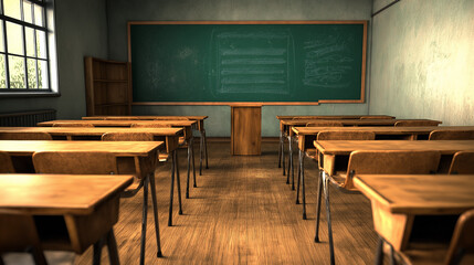 Poster - Rows of empty school desks facing a chalkboard in a vintage classroom