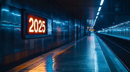 Aufkleber - Subway station platform showing year 2025 on digital display