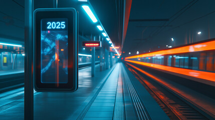 Aufkleber - Futuristic subway station showing 2025 on digital display at night