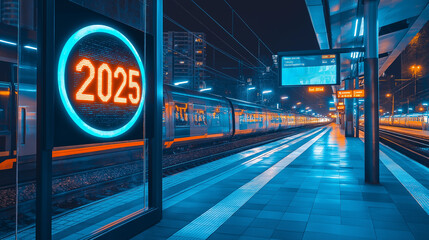 Aufkleber - Modern train station showing 2025 year on display at night