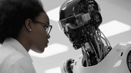 Poster - Female scientist observing advanced humanoid robot in laboratory