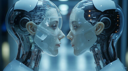 Poster - Two female robots looking at each other in laboratory