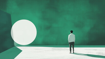 Poster - Businessman standing looking at bright future circle path concept green wall
