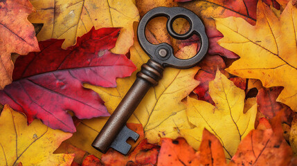 Aufkleber - Old key resting on vibrant colorful autumn leaves