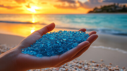 Poster - woman's hand gently holds smooth glass stones collected from the beach, symbolizing tranquility, reflection, and the passage of time, with the ocean's energy imprinted in each piece