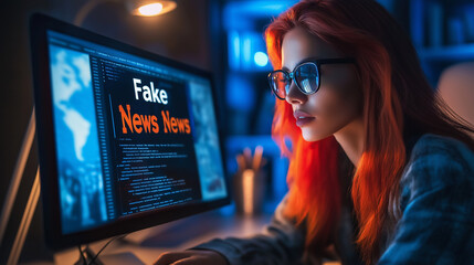 Aufkleber - Programmer creating fake news using computer at night