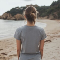 Generative AI Image of Back View of Girl Wearing Grey T-Shirt for Mockup with Beach Background