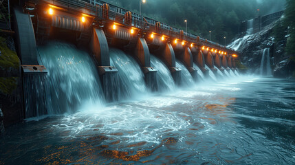Poster - Night view of a hydroelectric dam with multiple gates releasing water, illuminated by orange lights, demonstrating energy generation and water control.