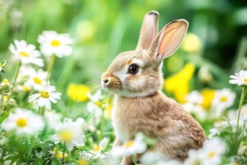 A cute little bunny rabbit sitting in a field of white daisies, looking off to the side with curious brown eyes.