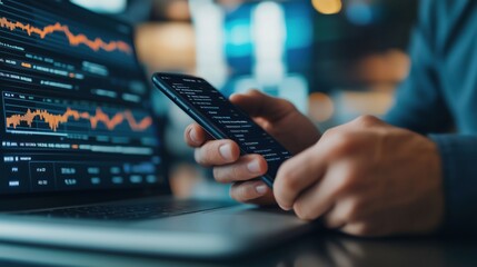 Poster - Close-up of a person holding a smartphone while analyzing financial data on a laptop screen, reflecting stock market activity and mobile trading.