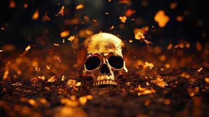 Sticker - Golden skull surrounded by swirling golden dust and dark background.