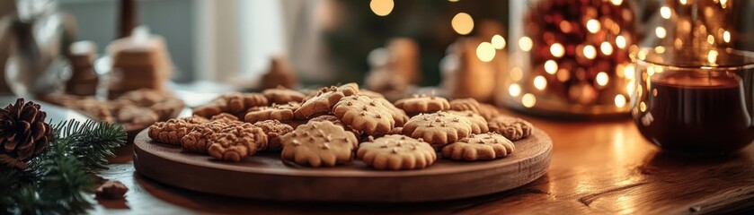 Delicious homemade cookies on a wooden plate, beautifully arranged with festive decorations and warm lighting, perfect for holidays.