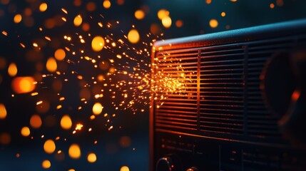 Poster - Vintage radio emitting sparks and light, dark background, abstract glow effects.