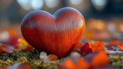 Poster - wooden heart rests on vibrant moss, surrounded by orange autumn leaves. This serene fall scene evokes feelings of warmth, love, and the natural cycles of life, blending nature and emotion