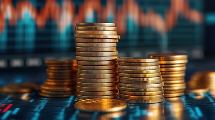 Stacked coins with market graph, representing financial growth. Stacks of coins against a market graph, symbolizing financial growth, wealth accumulation, and investment strategies.