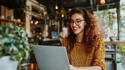 Poster - Young Woman Working on Laptop in Cozy Cafe Setting