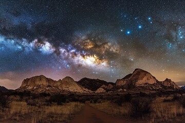 A dirt path winds through the desert landscape with a breathtaking view of the Milky Way and a vast starry sky.