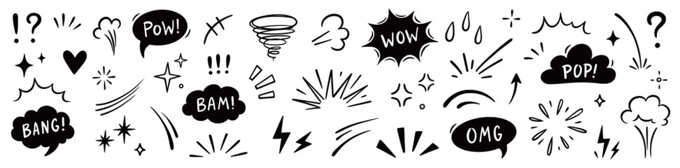 Comic boom cartoon effect line element set. Comic speech bubble pow, boom text, explosive splash smoke, wow cartoon vector icon. Hand drawn sketch doodle explosive element. Vector illustration.