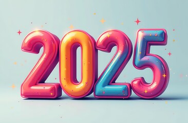 Aufkleber - Realistic Holographic figures of 2025 in 3d. 3d visualization of a Merry Christmas and New Year 2025 greeting card. Multicolored Numbers on pink and yellow. 3D Illustration